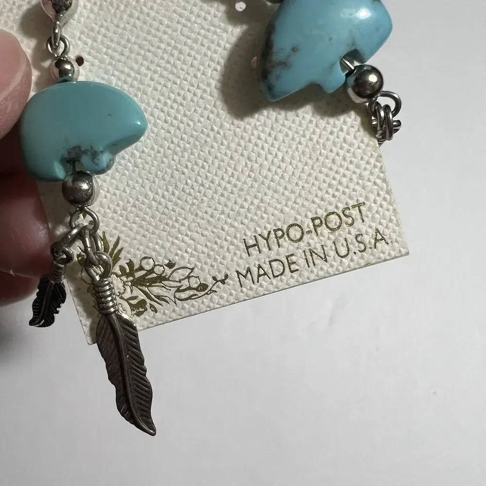 Turquoise Bear Feather Dangle Earrings Silver Tone Hypoallergenic Southwestern